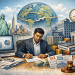 Businessman preparing tax documents with city backdrop