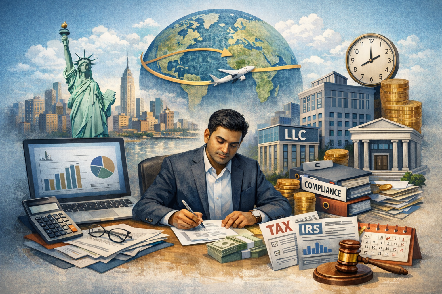 Businessman preparing tax documents with city backdrop